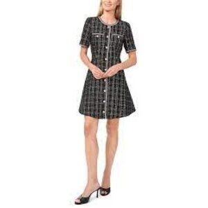 CeCe Metallic Plaid Short Sleeve Tweed Mini Dress Embellished Rhinestone Button-